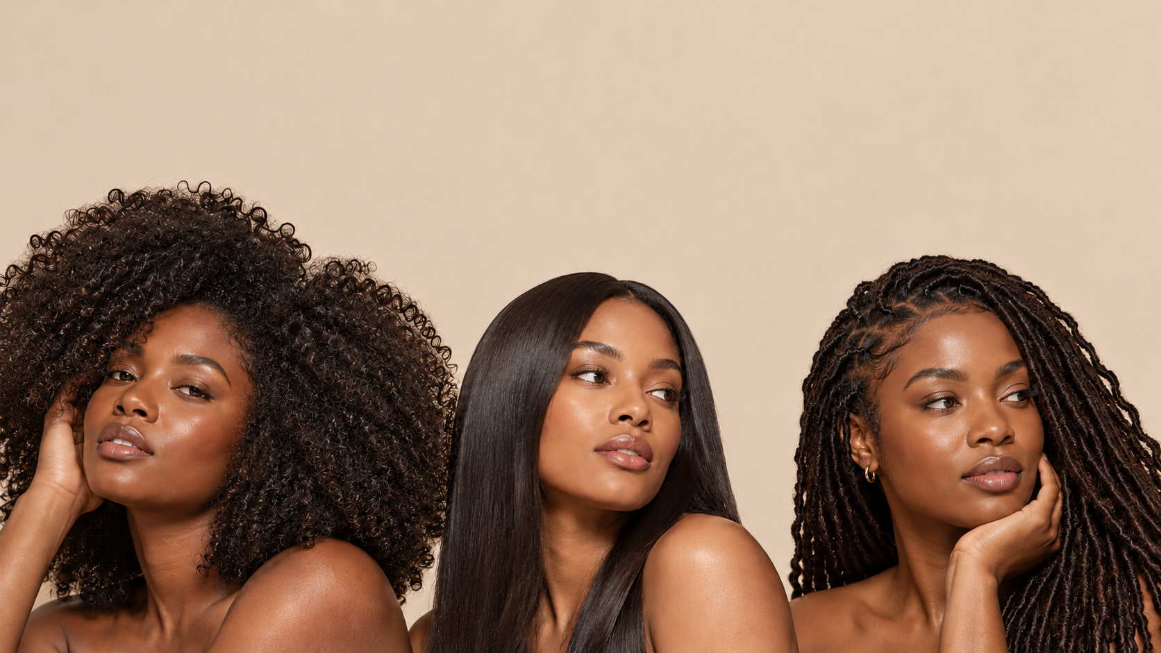 Editorial portrait showing curls, sleek hair, and protective styling