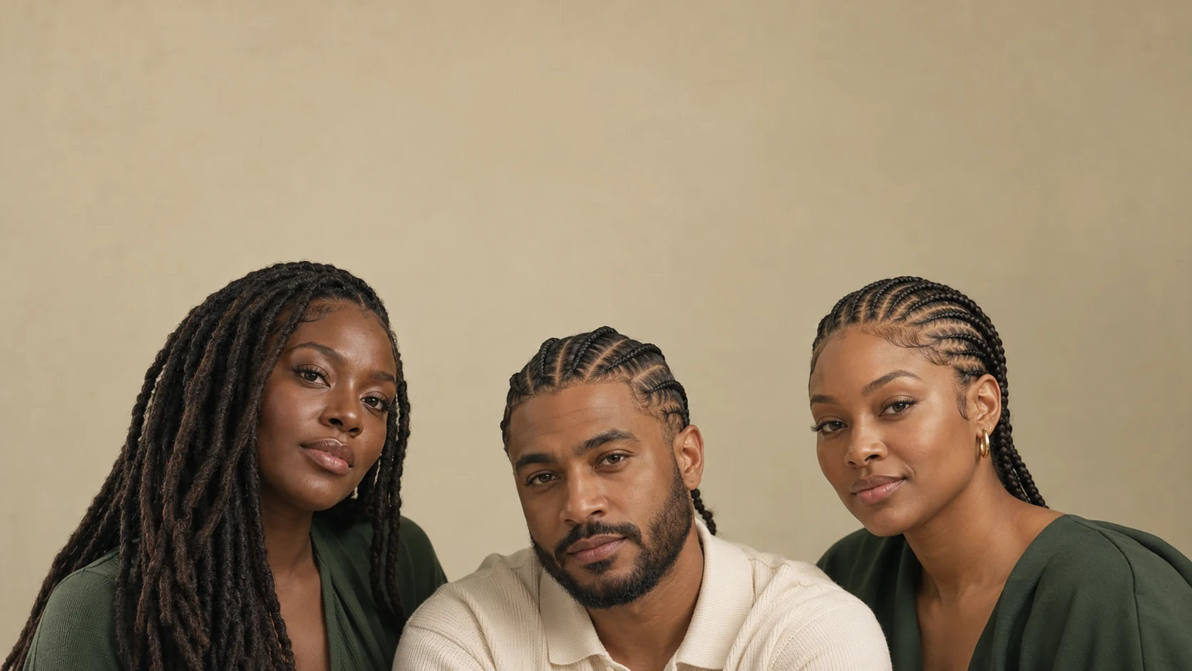 Editorial portrait of a woman with long locs alongside a man and woman with cornrows